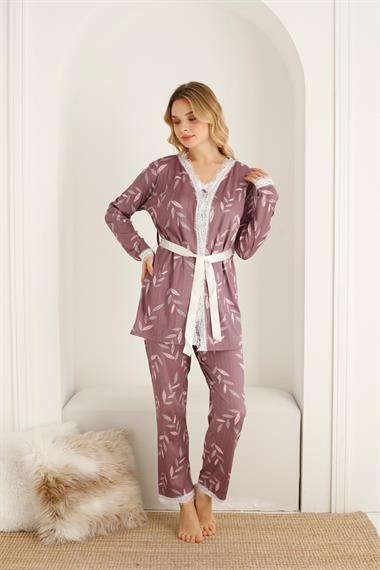 SEBOTEKS İp Askılı Floral Desenli Güpür Detaylı Sabahlıklı 3'lü Pijama Takımı 20347