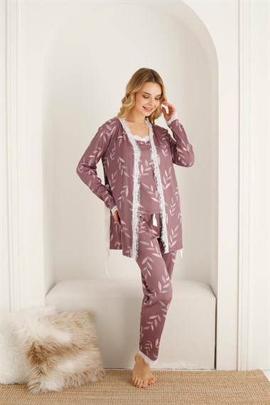 SEBOTEKS İp Askılı Floral Desenli Güpür Detaylı Sabahlıklı 3'lü Pijama Takımı 20347
