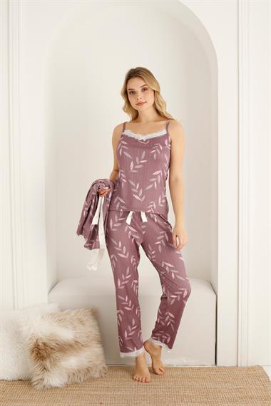 SEBOTEKS İp Askılı Floral Desenli Güpür Detaylı Sabahlıklı 3'lü Pijama Takımı 20347