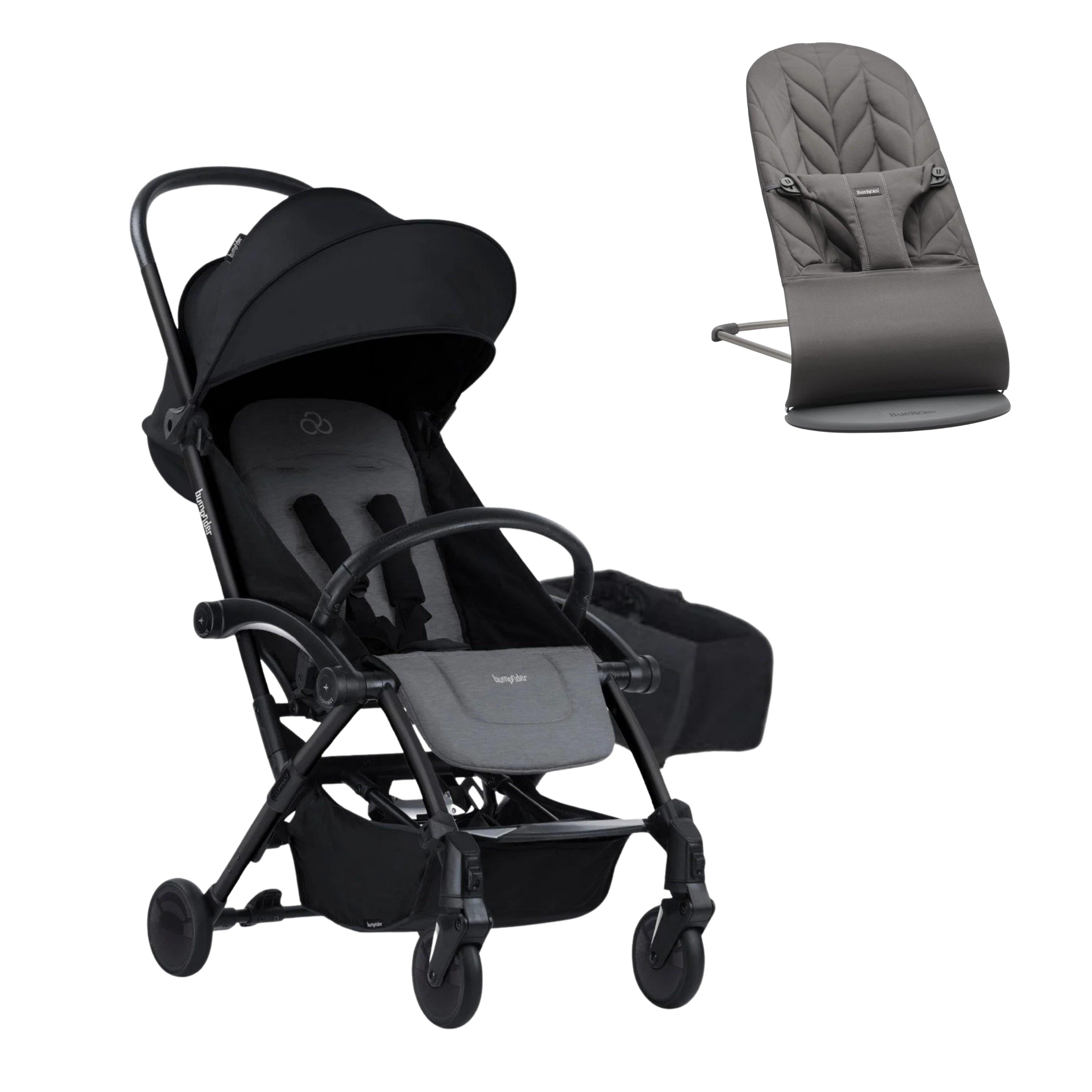 Bumprider Connect³ Bebek Arabası Black-Grey Melange- Yan Düzenleyici Çanta & BabyBjörn Bliss Ana Kucağı Petal Woven Anthracite