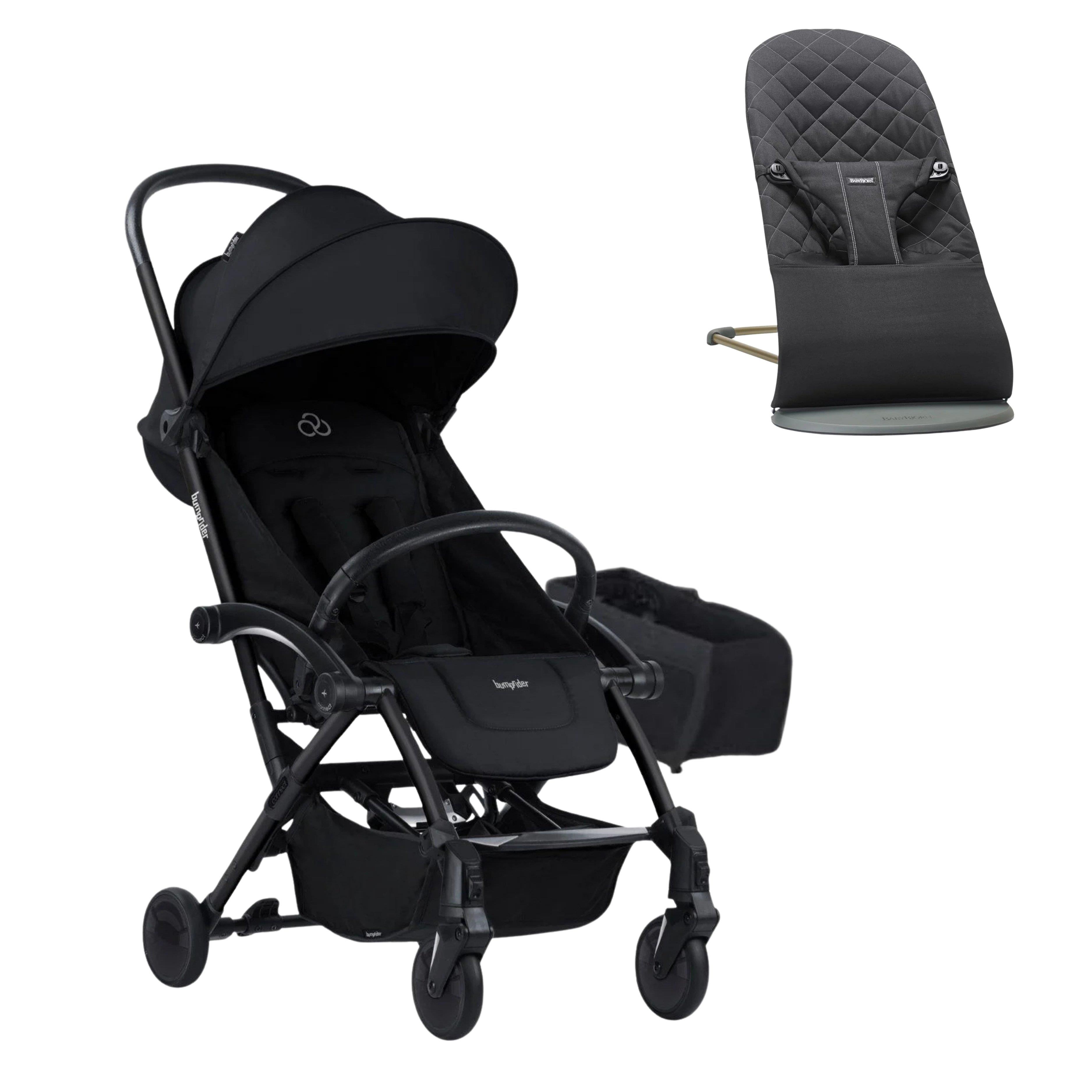 Bumprider Connect³ Bebek Arabası Black-Black & Yan Düzenleyici Çanta & BabyBjörn Bliss Ana Kucağı Woven Black