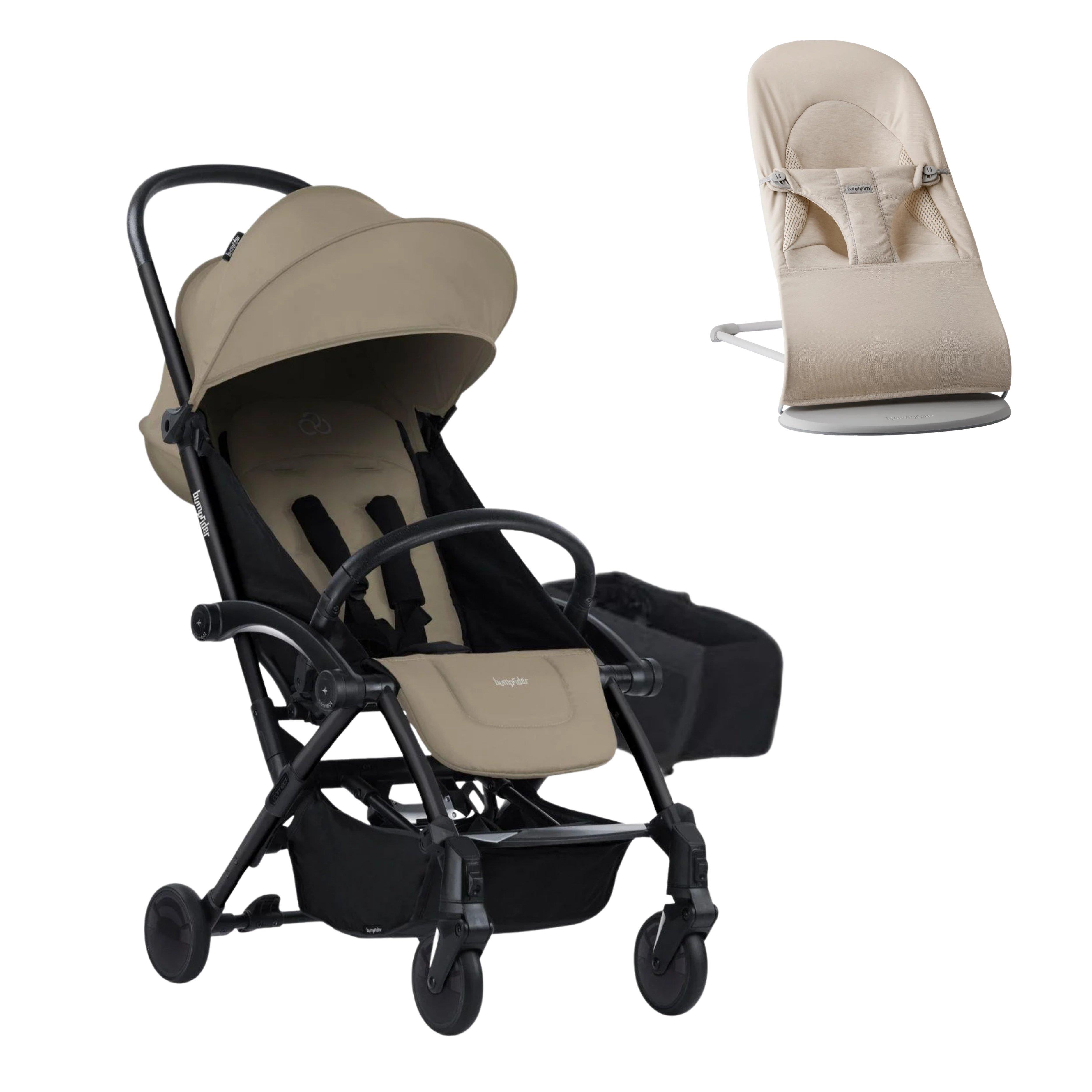 Bumprider Connect³ Bebek Arabası Black-Sand- Yan Düzenleyici Çanta & BabyBjörn Balance Soft Ana Kucağı Woven Jersey Tri-Fabric Light Beige