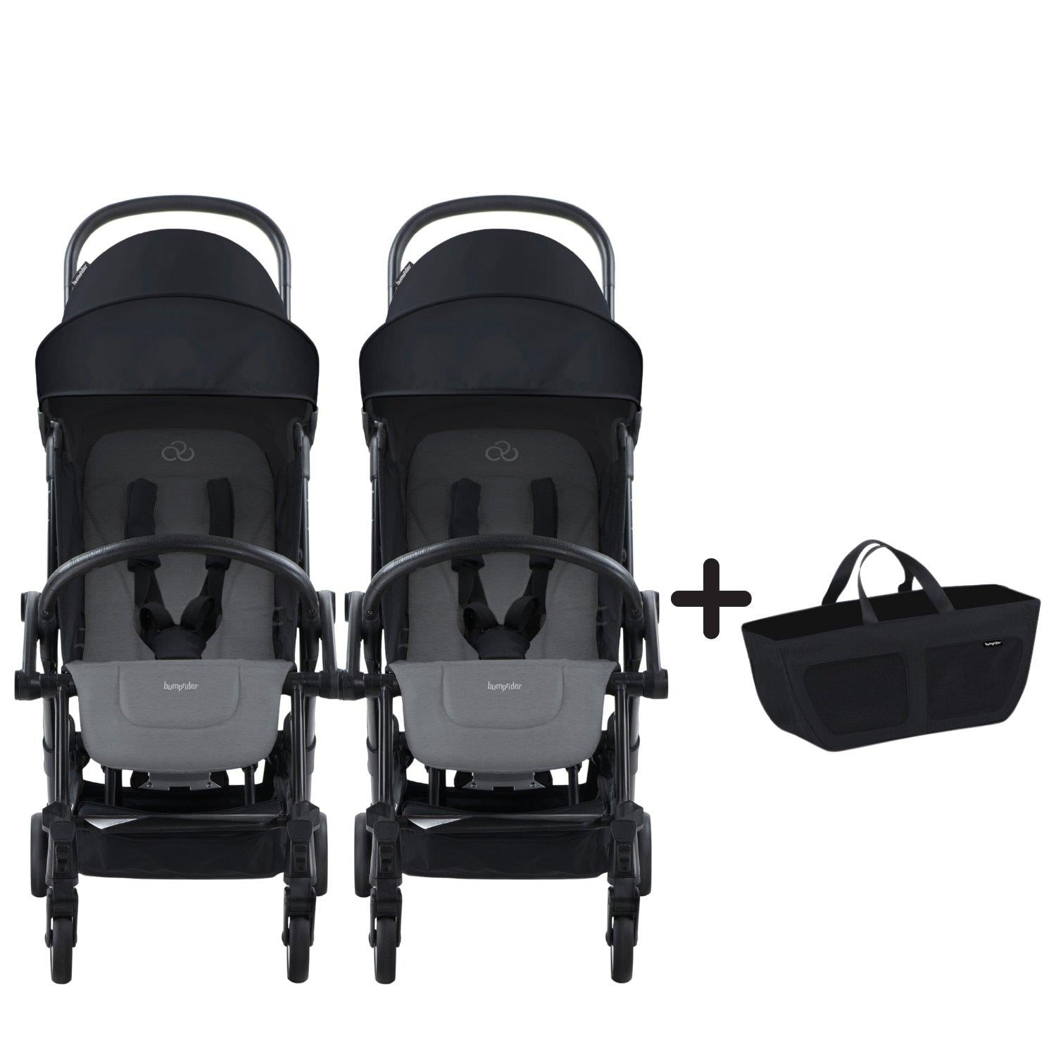 Bumprider Connect³ İkiz Bebek Arabası Black - Grey Melange & Yan Düzenleyici Çanta