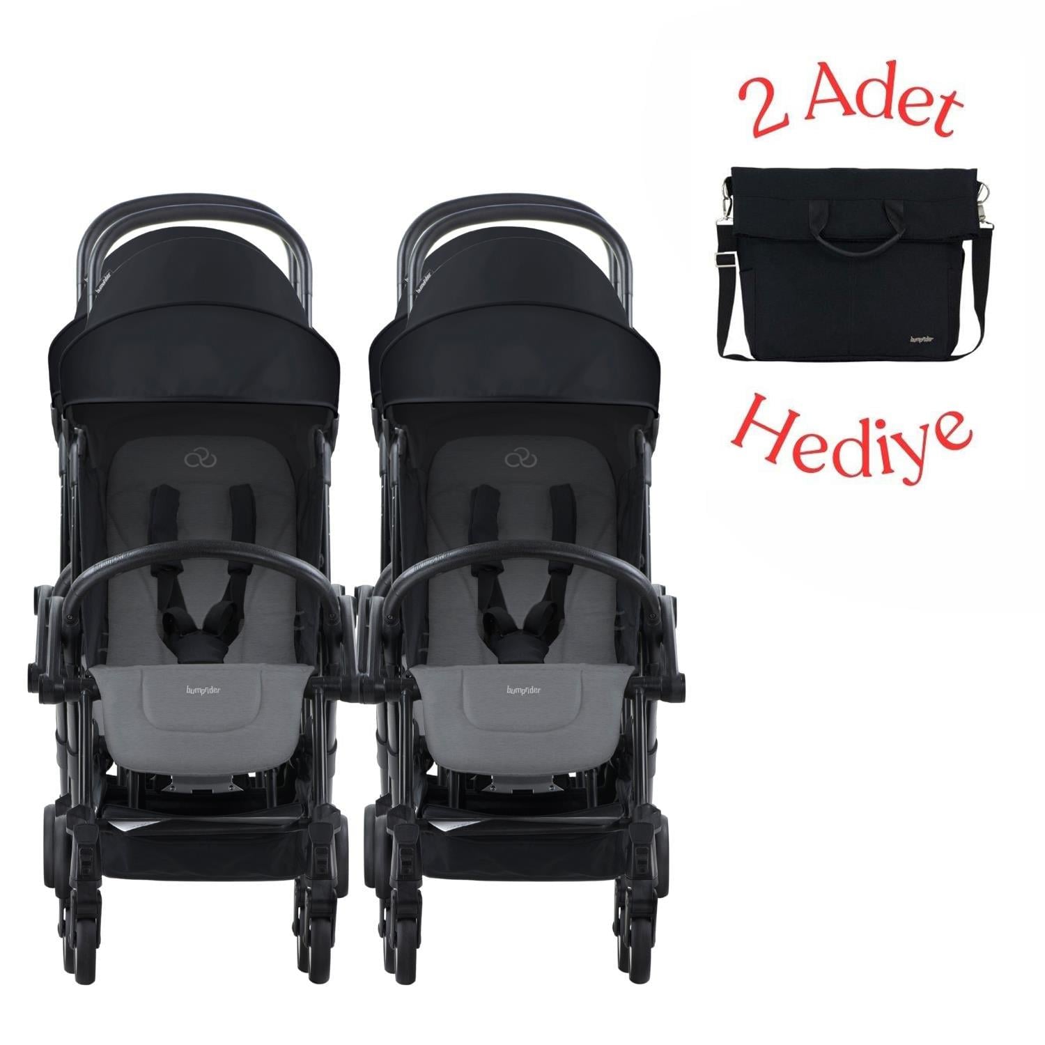 Bumprider Connect³ İkiz Bebek Arabası Black - Grey Melange & Yan Bakım Çantası Hediyeli