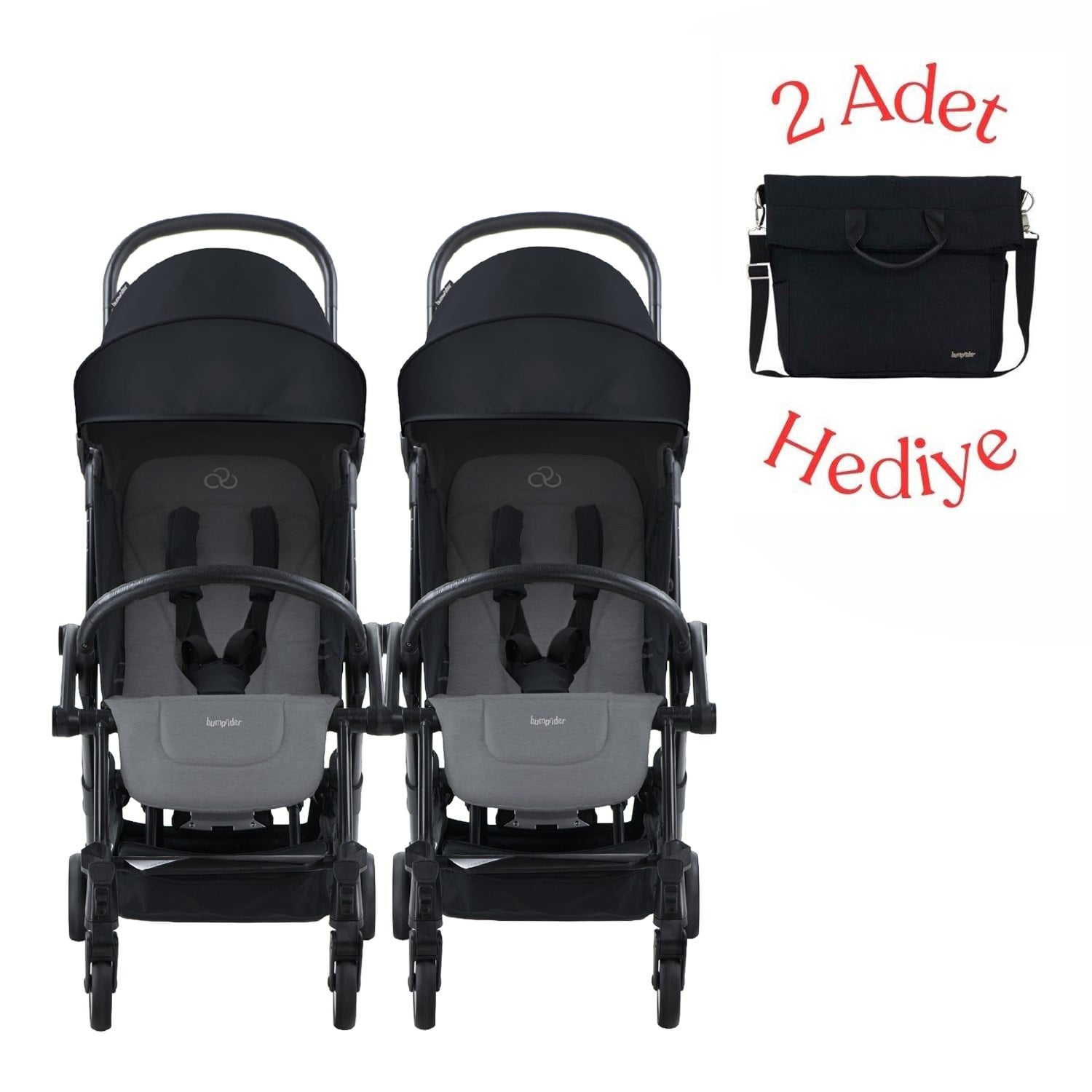 Bumprider Connect³ İkiz Bebek Arabası Black - Grey Melange & Yan Bakım Çantası Hediyeli