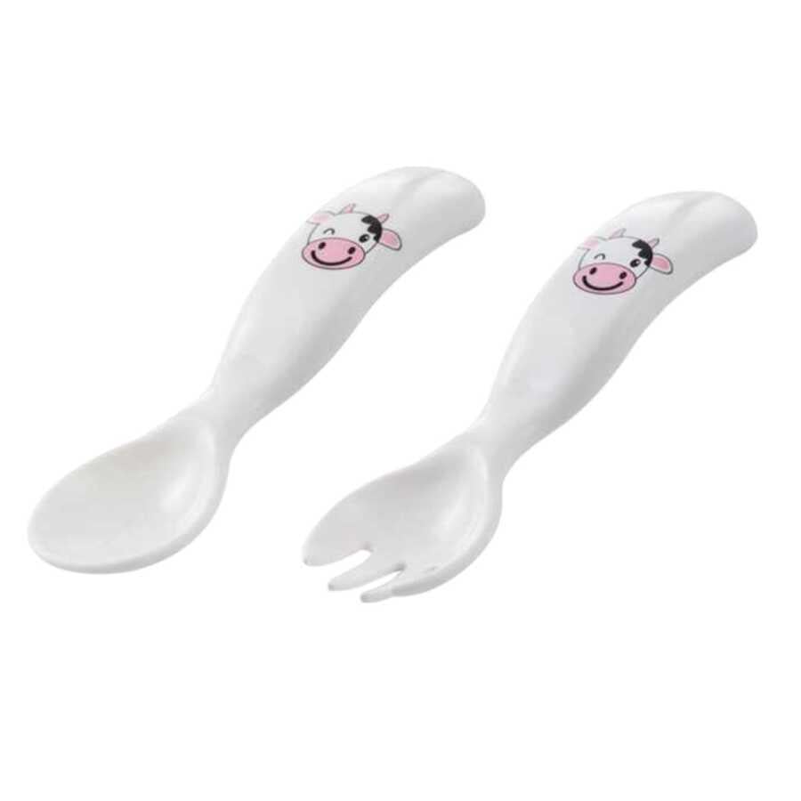 Mamajoo Ergonomik Beslenme Kaşık Çatal Seti Pembe & İnek, 6 Ay+ İkili