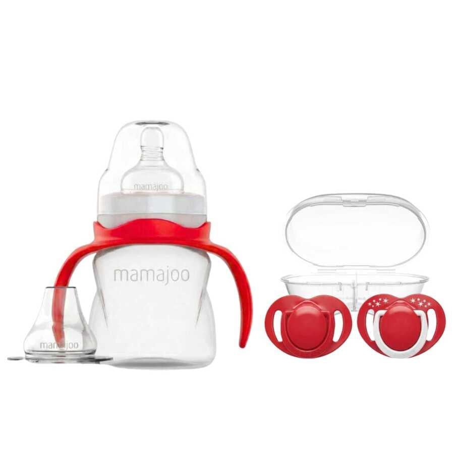 Mamajoo Kulplu Antikolik Alıştırma Biberonu 160 Ml & Ortodontik Emzik Seti | Kırmızı & Beyaz, 12 Ay +