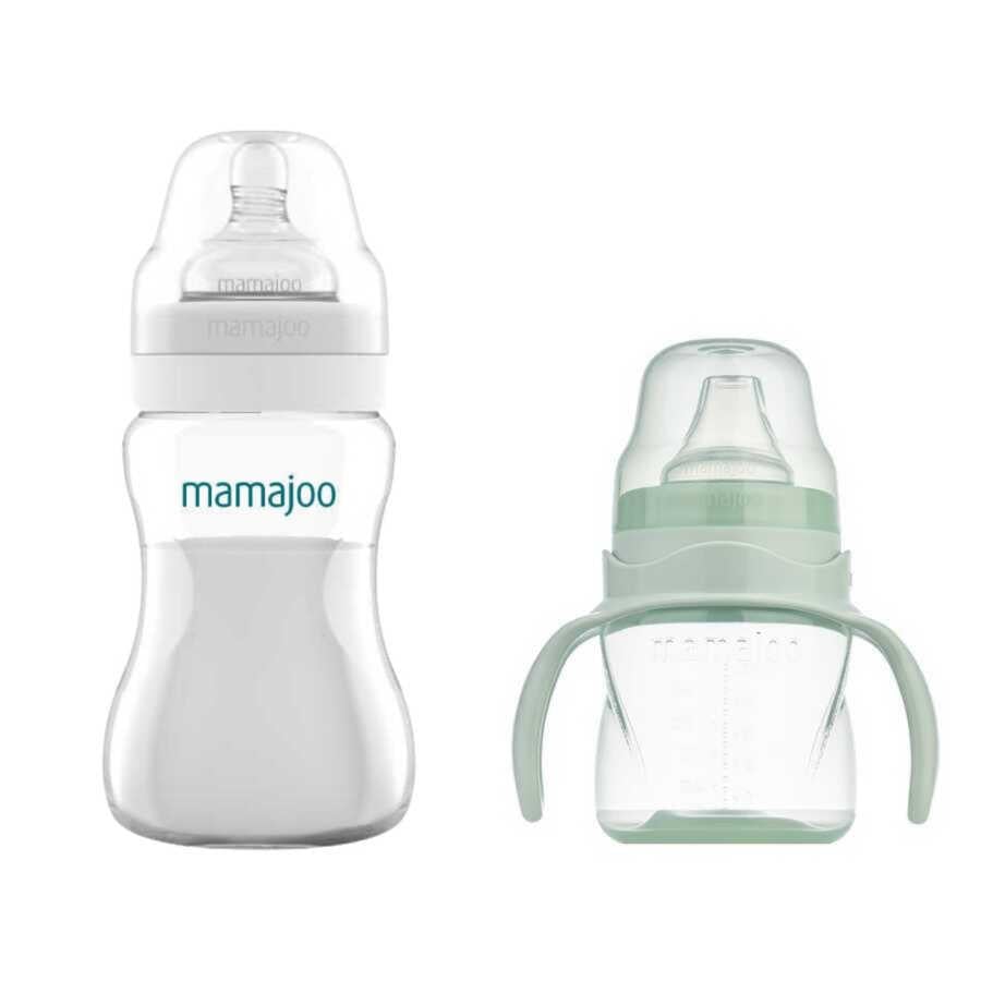 Mamajoo Kulplu Eğitici Bardak 160ml & Silver Biberon 250ml / Powder Green