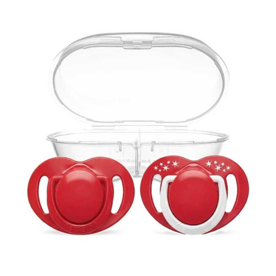 Mamajoo Ortodontik Emzik Seti 12 Ay+ Kırmızı & Beyaz | İkili, Silikon, Damaklı | Sterilizasyon & Saklama Kabı Hediyeli