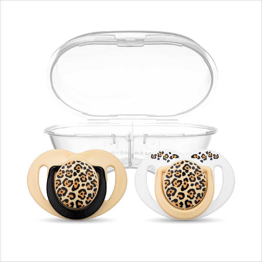 Mamajoo Ortodontik Emzik Seti 6 Ay+ Beige Leopard | İkili, Silikon, Damaklı | Sterilizasyon & Saklama Kabı Hediyeli