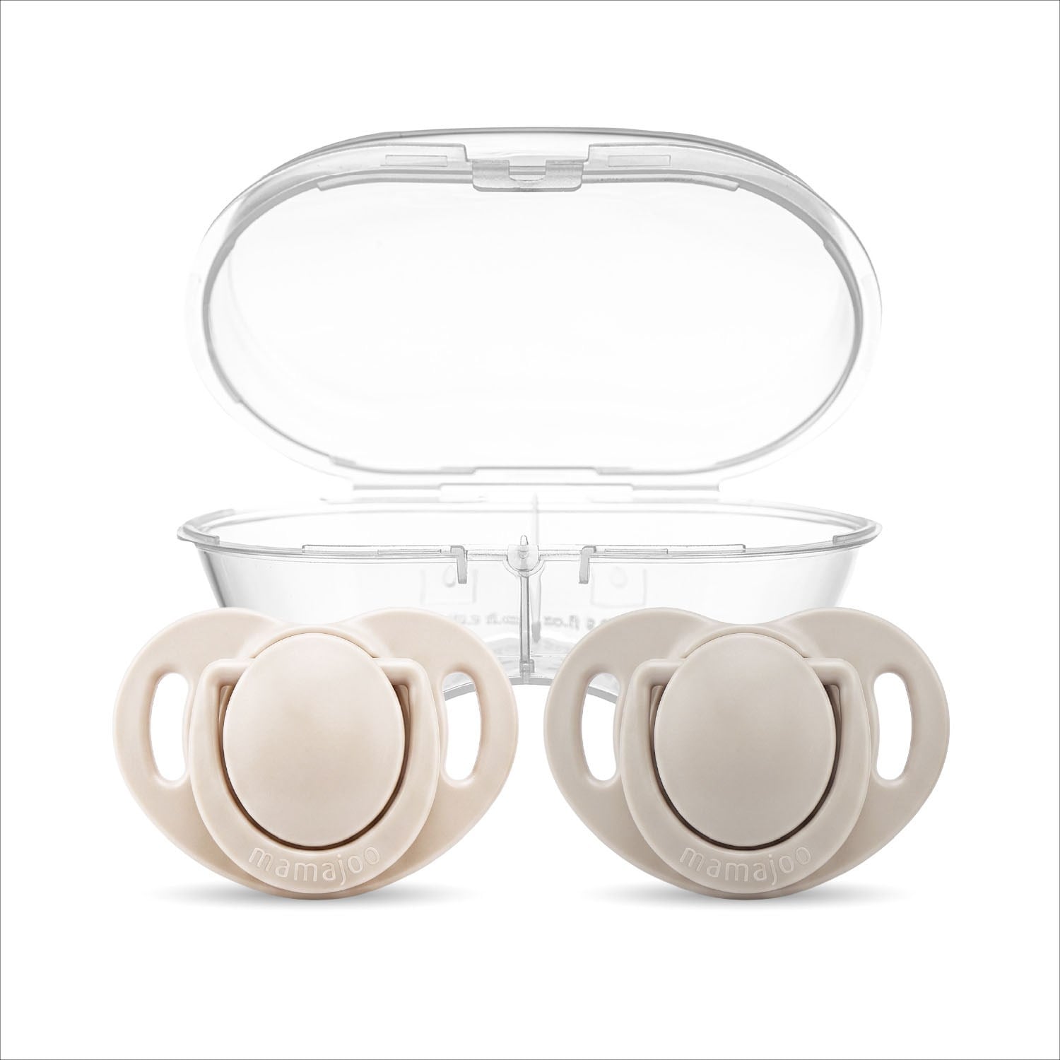 Mamajoo Ortodontik Emzik Seti 6 Ay+ Light Beige & Light Gray | İkili, Silikon, Damaklı | Sterilizasyon & Saklama Kabı Hediyeli
