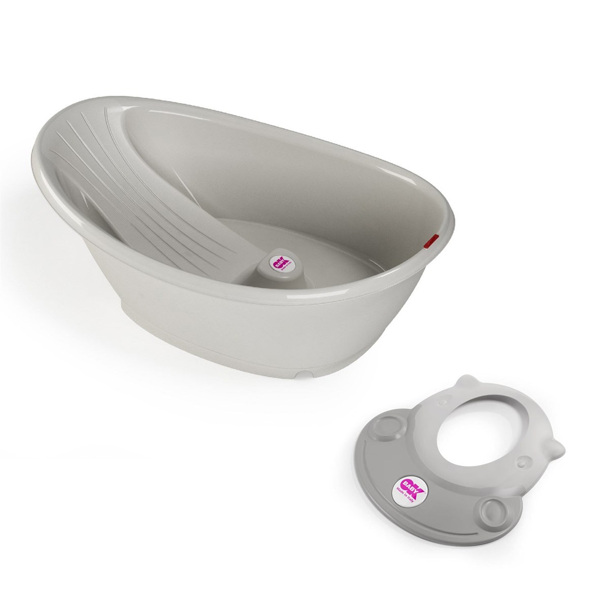 OKBaby Bebek Banyo Seti Bella Dijital Termometreli Çift Yönlü Küvet + Hippo Duş Şapkası A.Gri