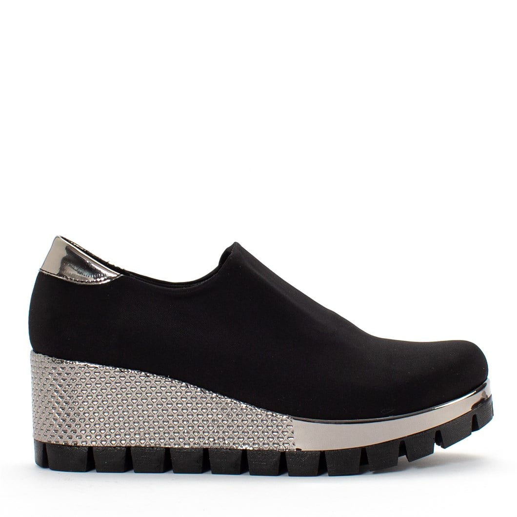 Kadın Siyah Gümüş Streç Dolgu Topuklu Ayakkabı