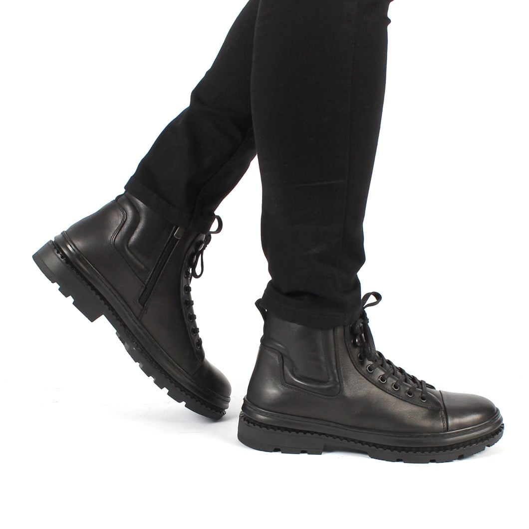 Erkek Siyah Bağcıklı Fermuarlı Deri Bot