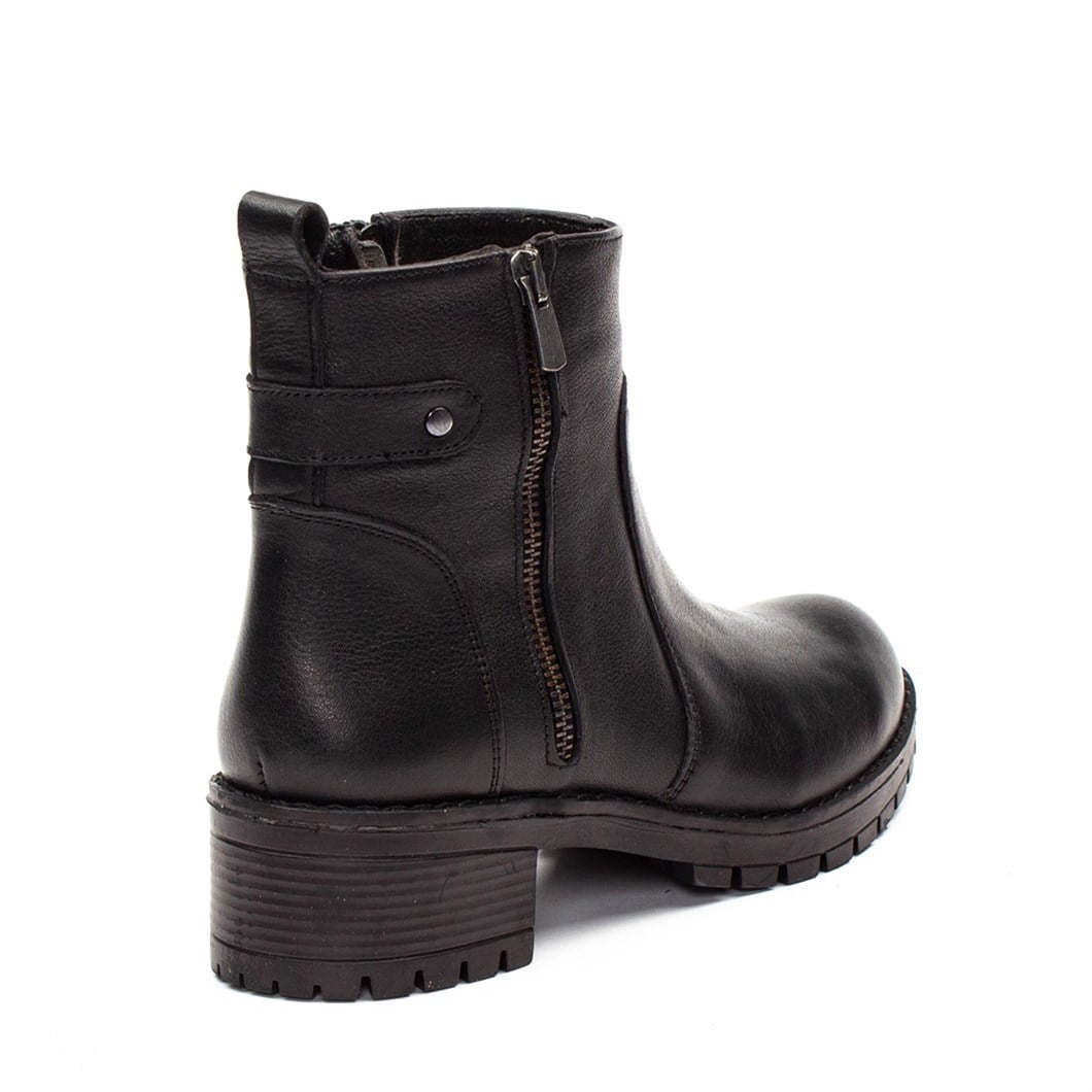 Kadın Siyah Çift Fermuarlı Kalın Tabanlı Deri Bot