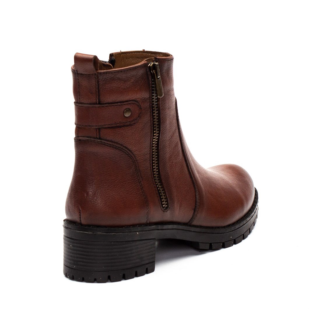 Kadın Taba Çift Fermuarlı Kalın Tabanlı Deri Bot