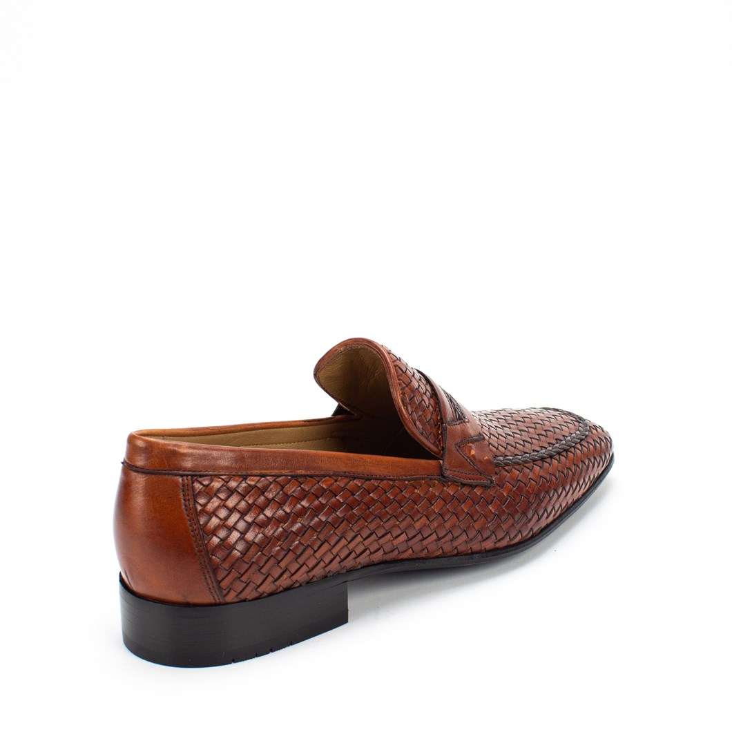 Erkek Taba Örgü Deri Loafer