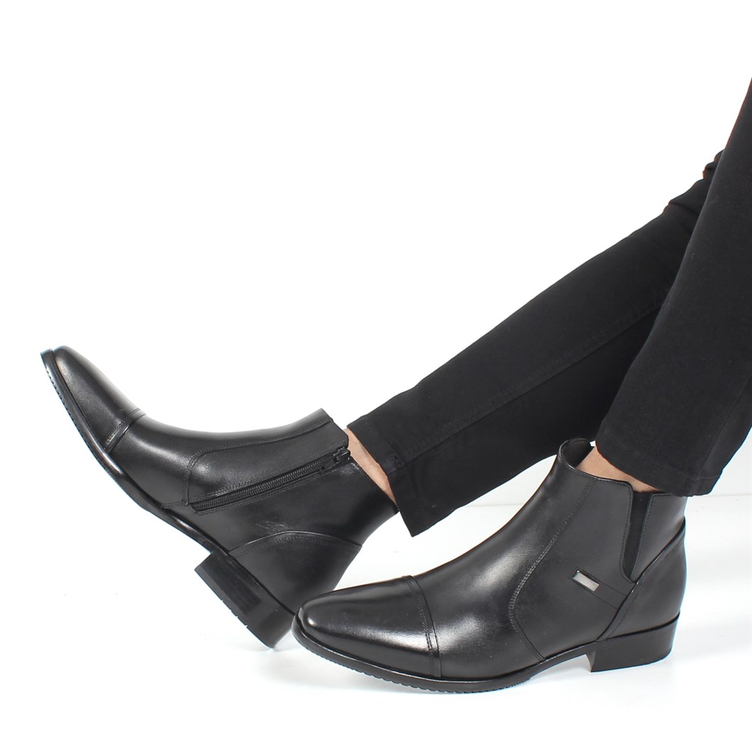 Erkek Siyah Fermuarlı Klasik Deri Bot