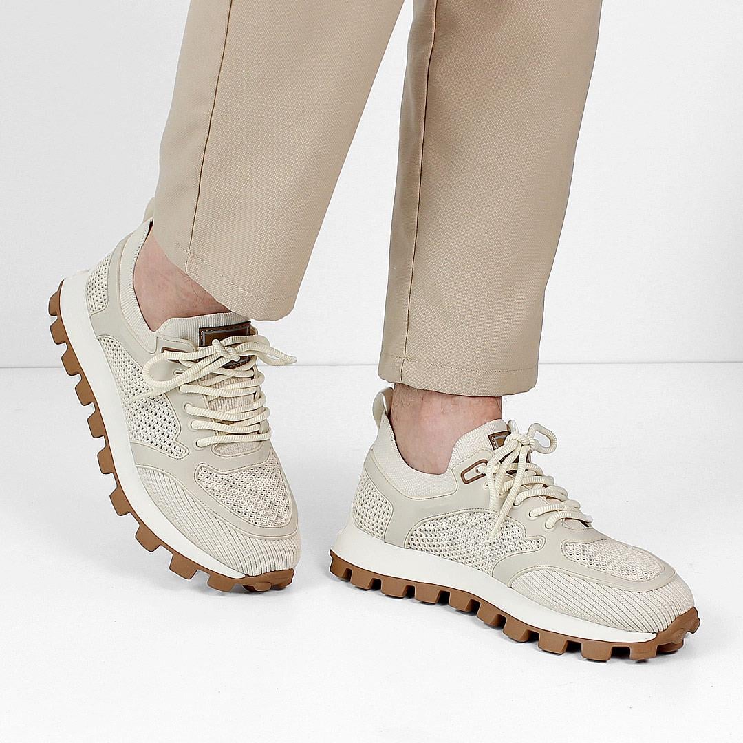Erkek Bej Bağcıklı Kalın Tabanlı Deri Sneaker