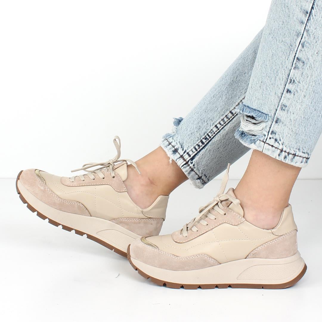 Kadın Bej Bağcıklı Kalın Tabanlı Deri Sneaker