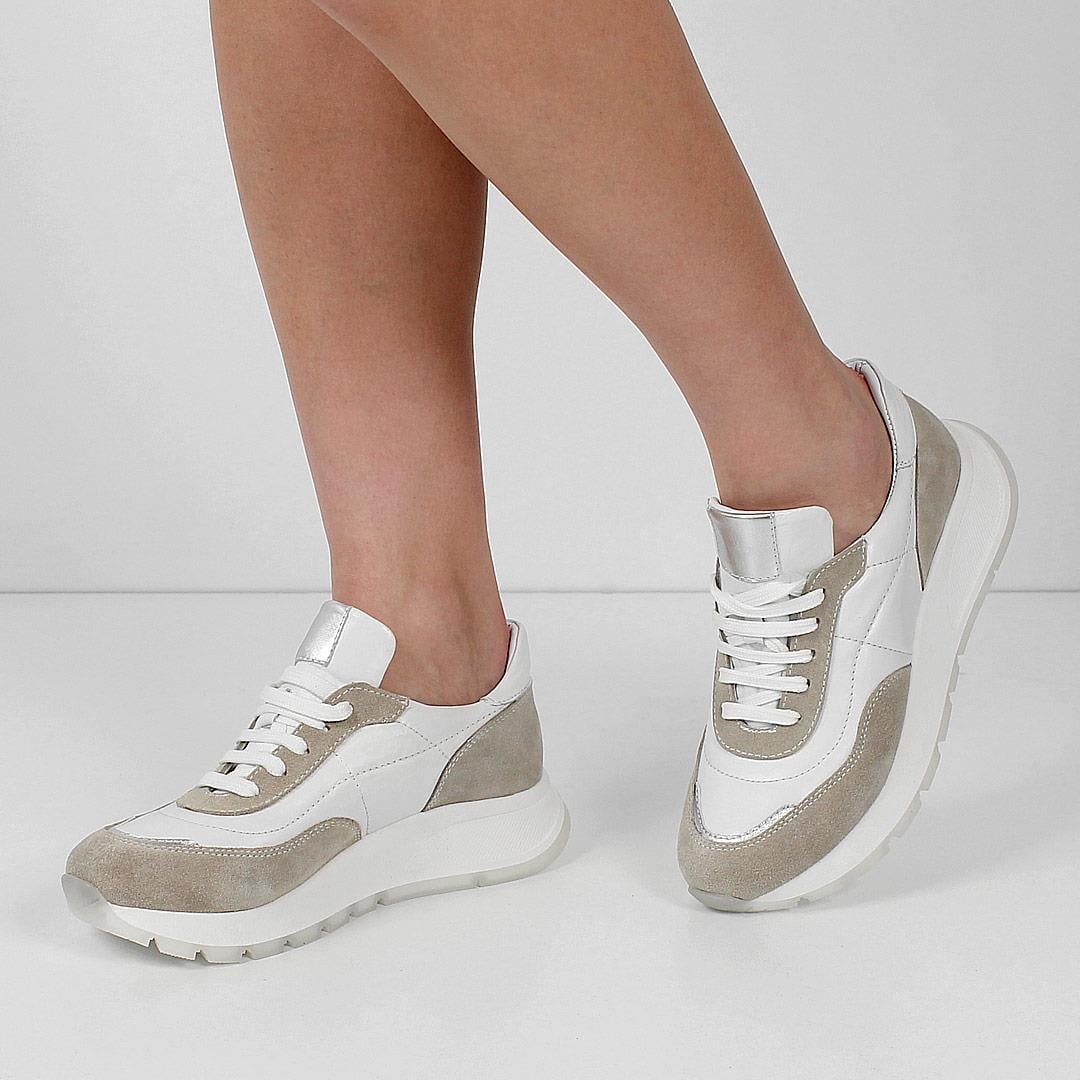 Kadın Beyaz Bej Bağcıklı Kalın Tabanlı Deri Sneaker