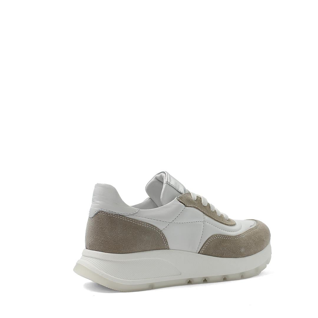 Kadın Beyaz Bej Bağcıklı Kalın Tabanlı Deri Sneaker