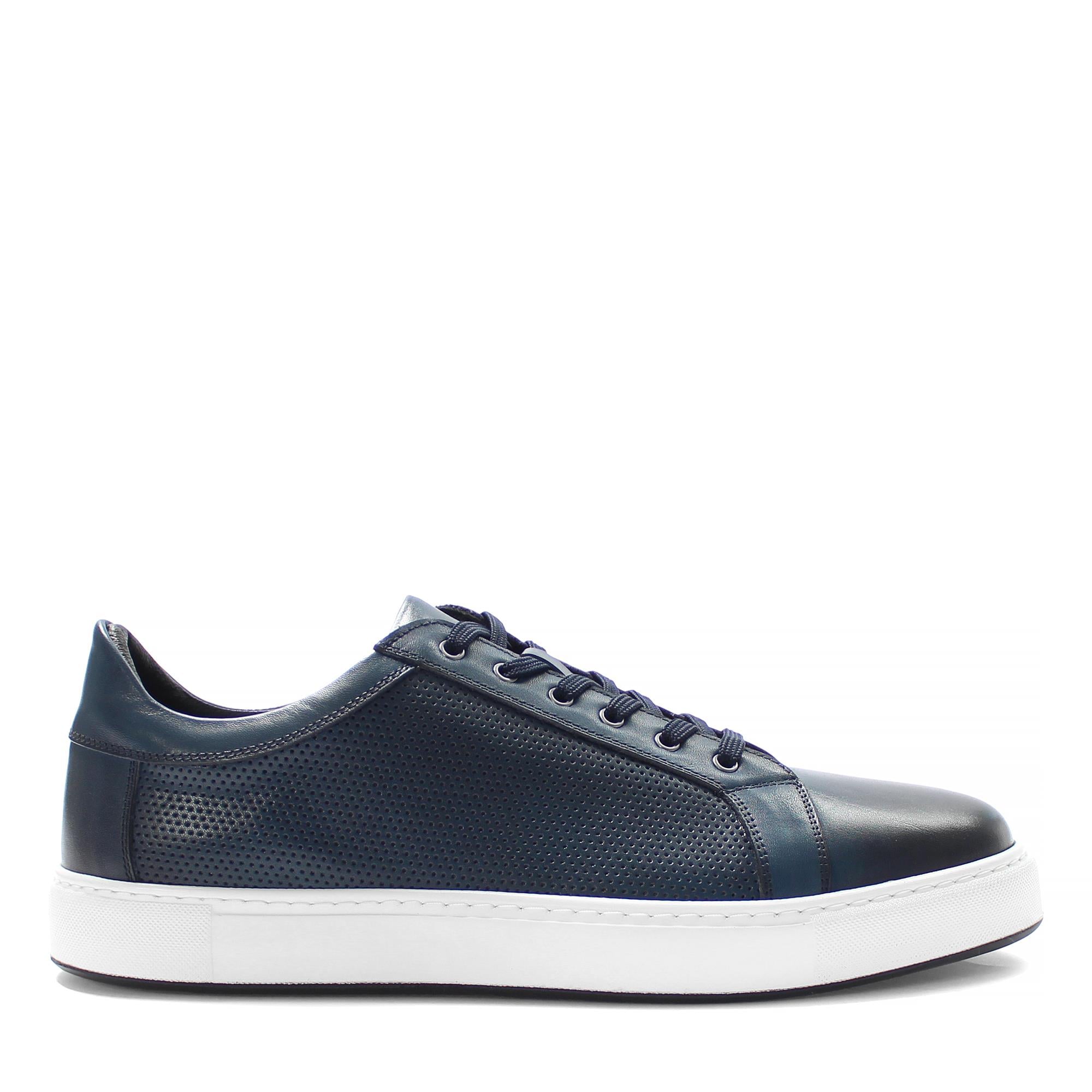 Erkek Lacivert Bağcıklı Kalın Tabanlı Deri Sneaker