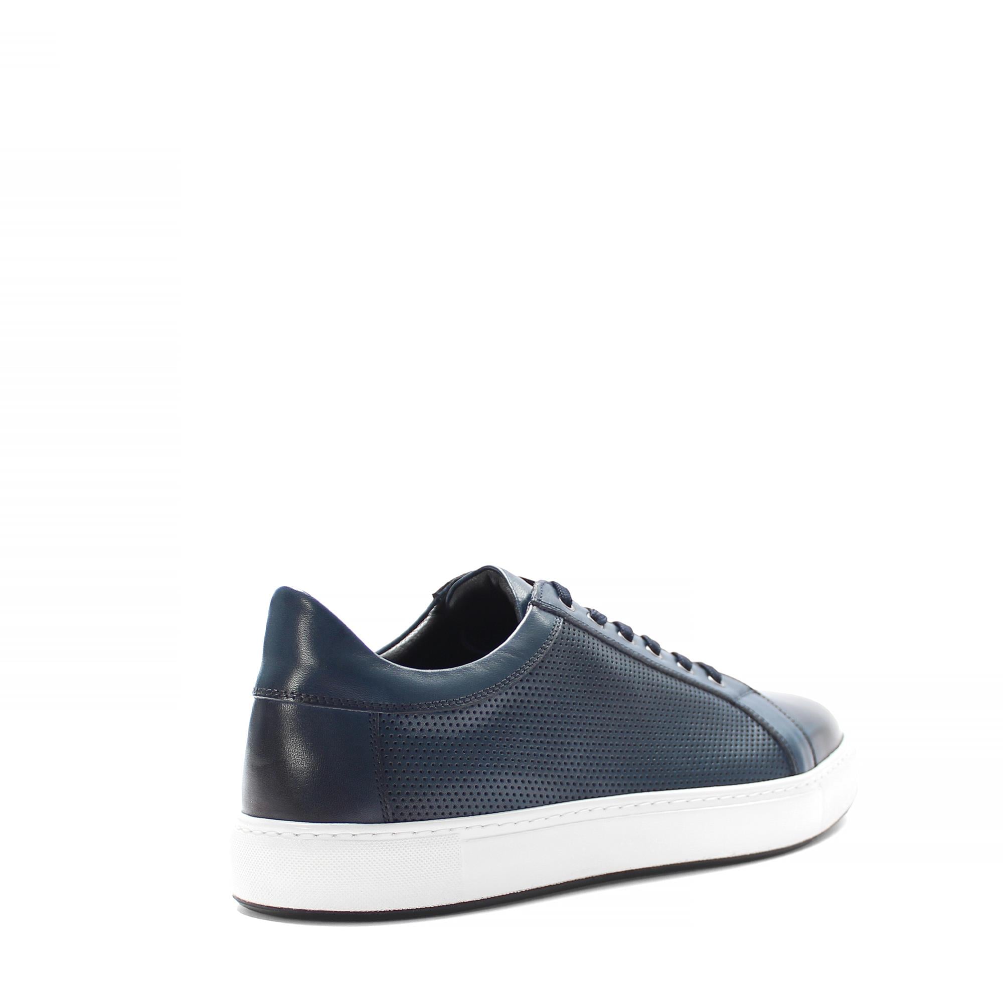 Erkek Lacivert Bağcıklı Kalın Tabanlı Deri Sneaker