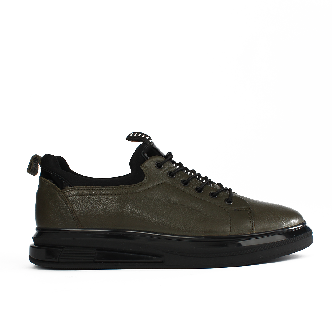 Erkek Haki Bağcıklı Kalın Tabanlı Deri Sneaker