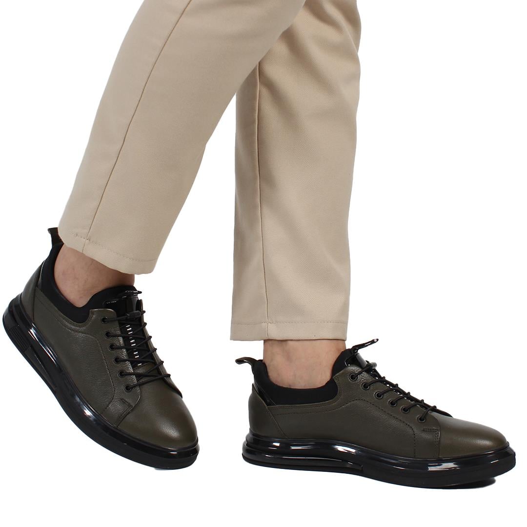 Erkek Haki Bağcıklı Kalın Tabanlı Deri Sneaker