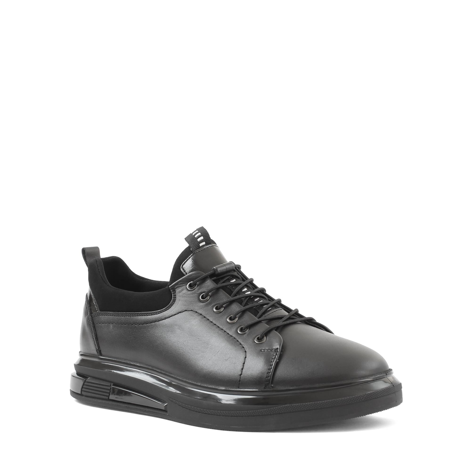 Erkek Siyah Bağcıklı Kalın Tabanlı Deri Sneaker