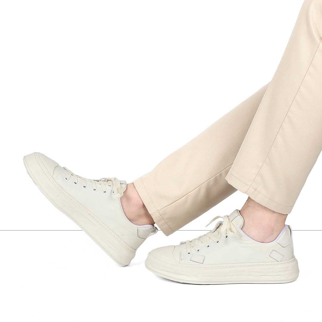 Erkek Bej Kalın Tabanlı Deri Sneaker