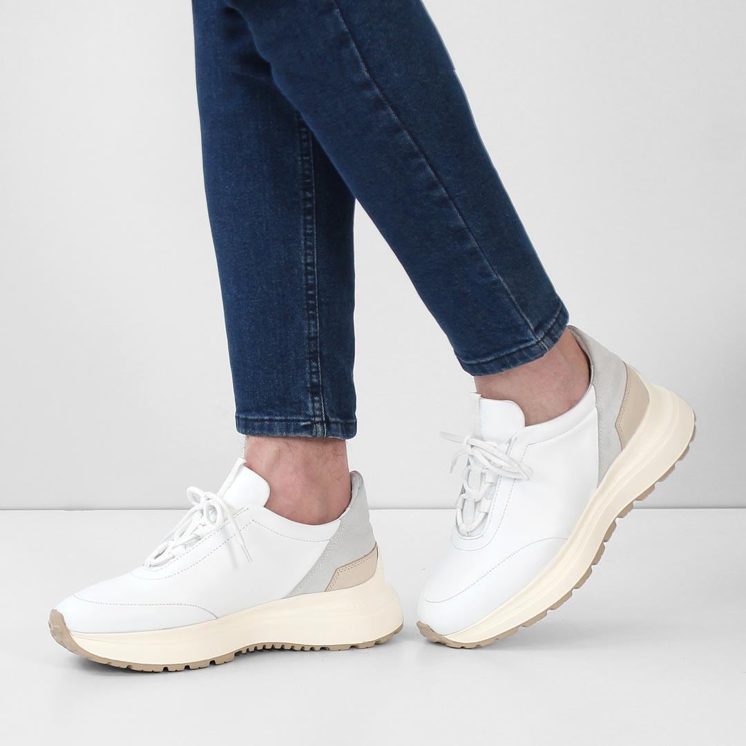 Erkek Beyaz Bağcıklı Kalın Tabanlı Deri Sneaker