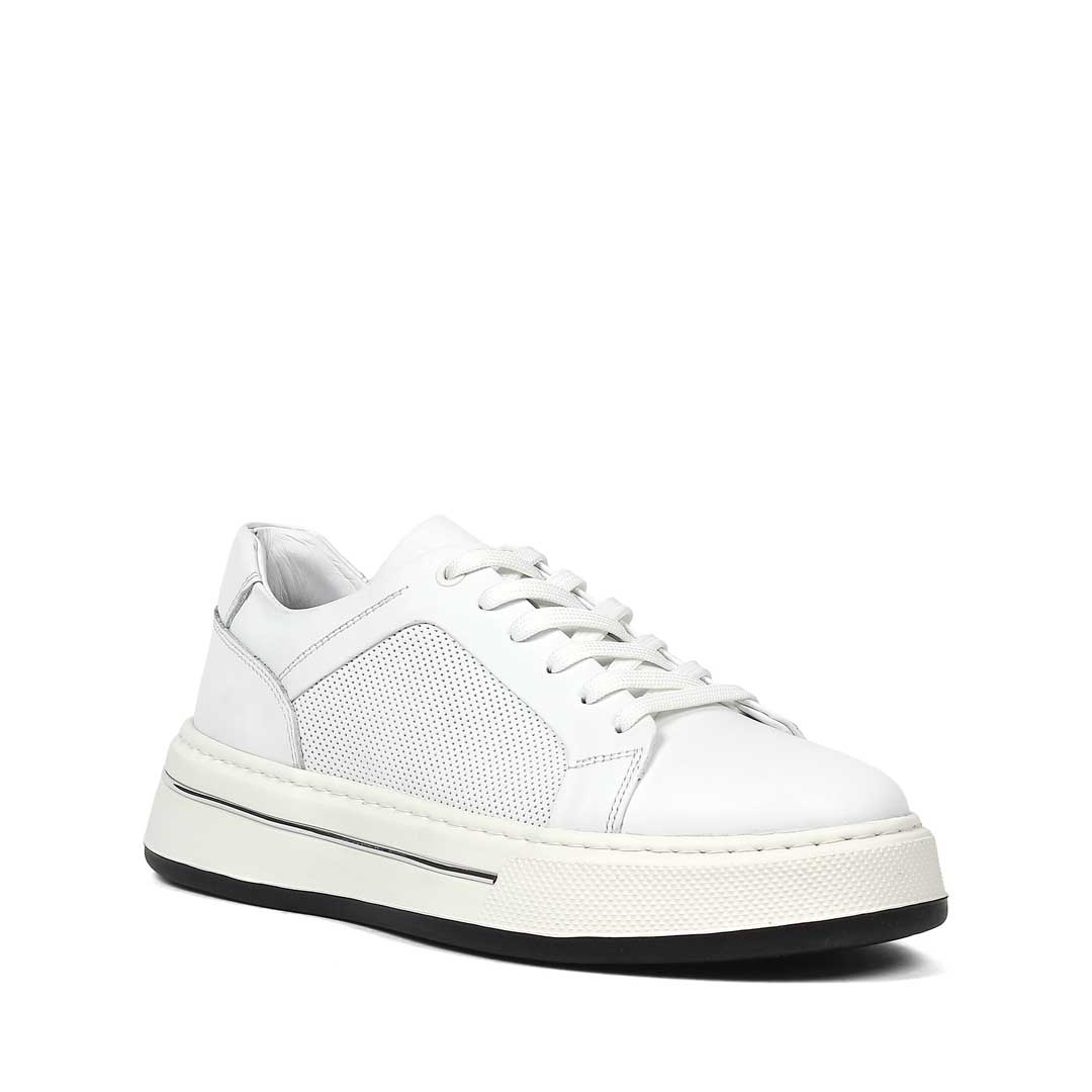 Erkek Beyaz Baskılı Bağcıklı Kalın Tabanlı Deri Sneaker