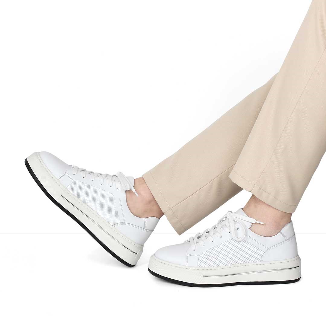 Erkek Beyaz Baskılı Bağcıklı Kalın Tabanlı Deri Sneaker