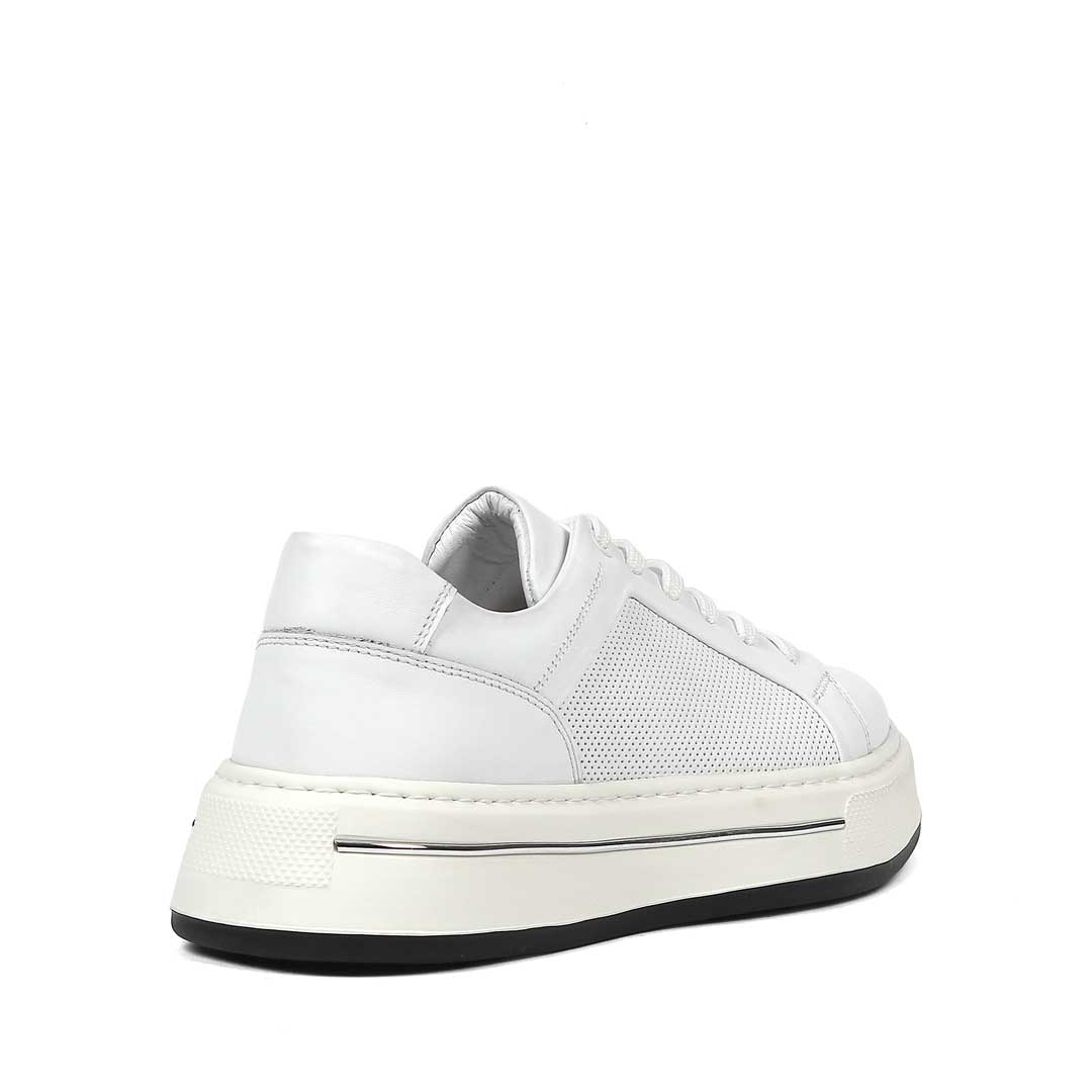 Erkek Beyaz Baskılı Bağcıklı Kalın Tabanlı Deri Sneaker