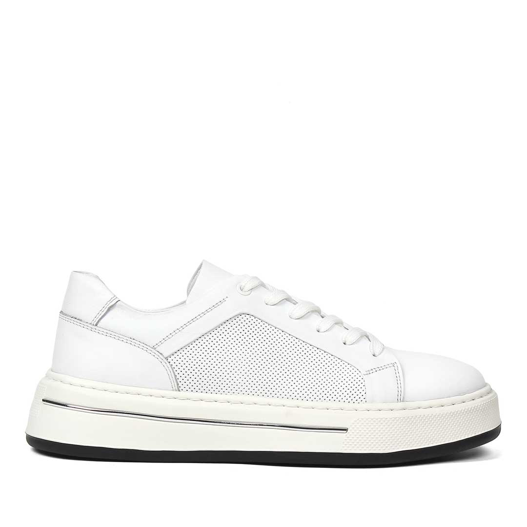 Erkek Beyaz Baskılı Bağcıklı Kalın Tabanlı Deri Sneaker
