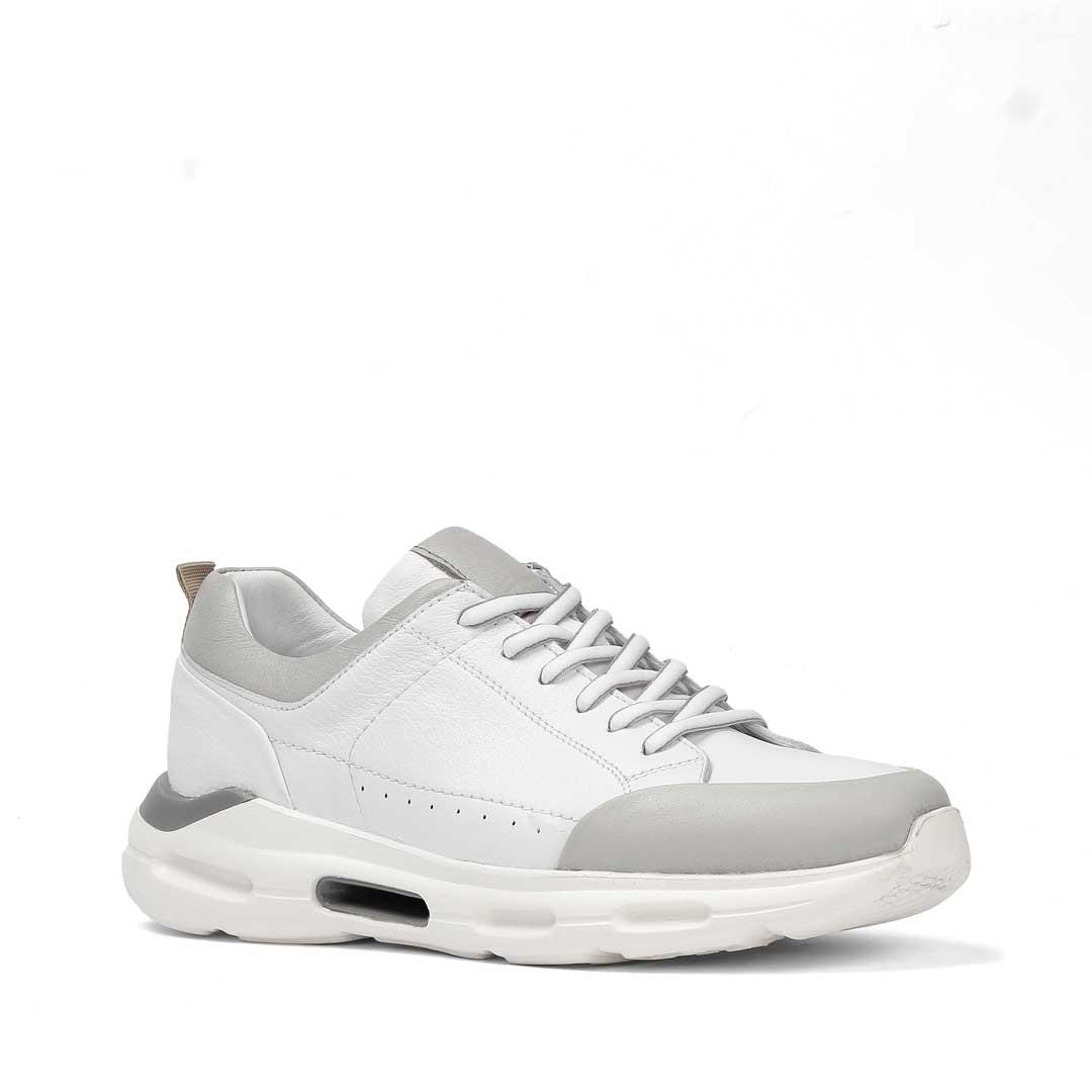 Erkek Beyaz Gri Bağcıklı Kalın Tabanlı Deri Sneaker