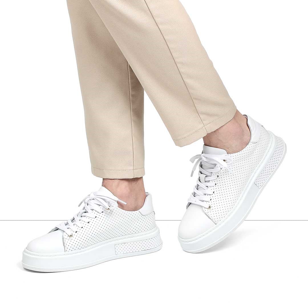 Erkek Beyaz Kalın Tabanlı Deri Sneaker