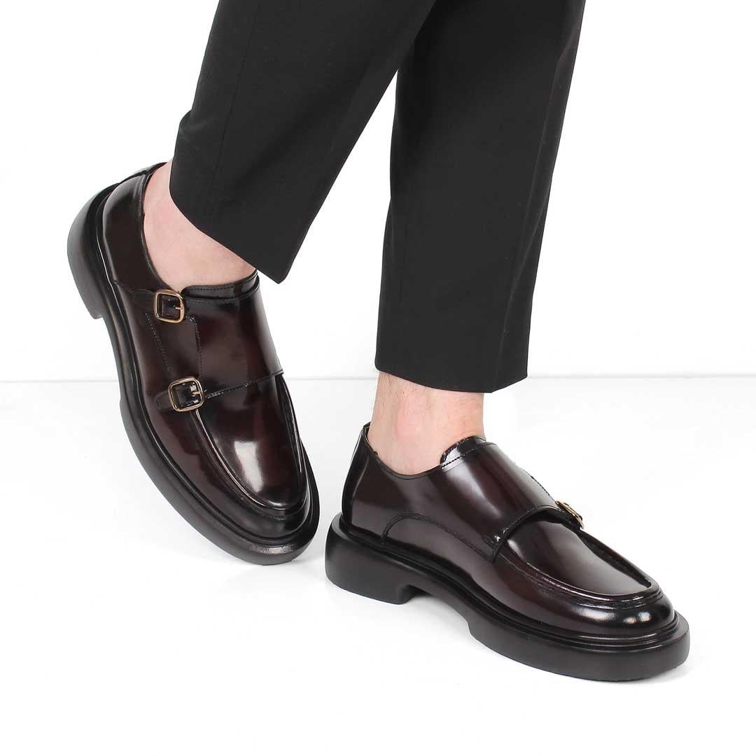 Erkek Bordo Çift Tokalı Açma Deri Loafer