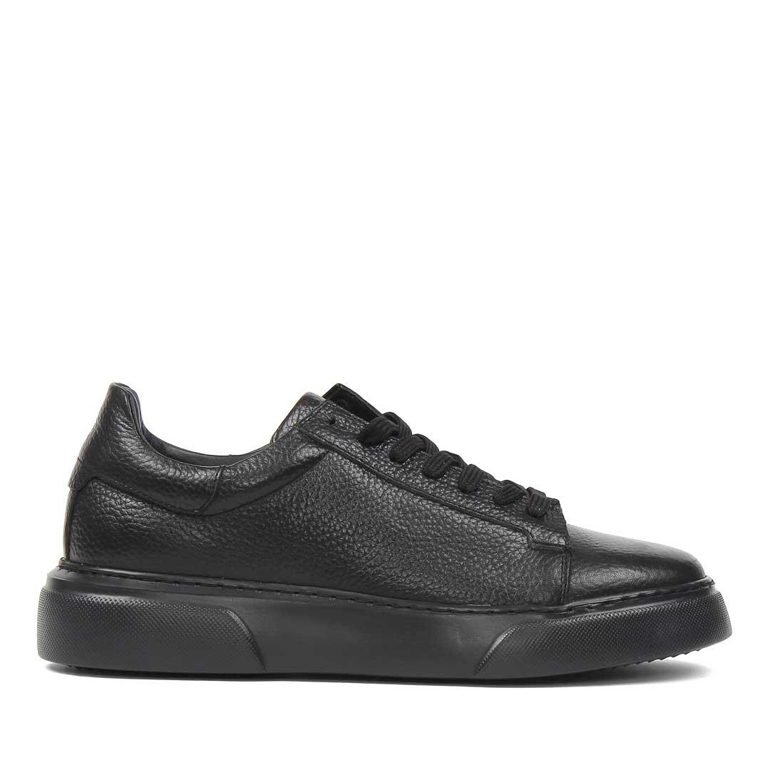 Erkek Düz Siyah Bağcıklı Kalın Tabanlı Deri Sneaker