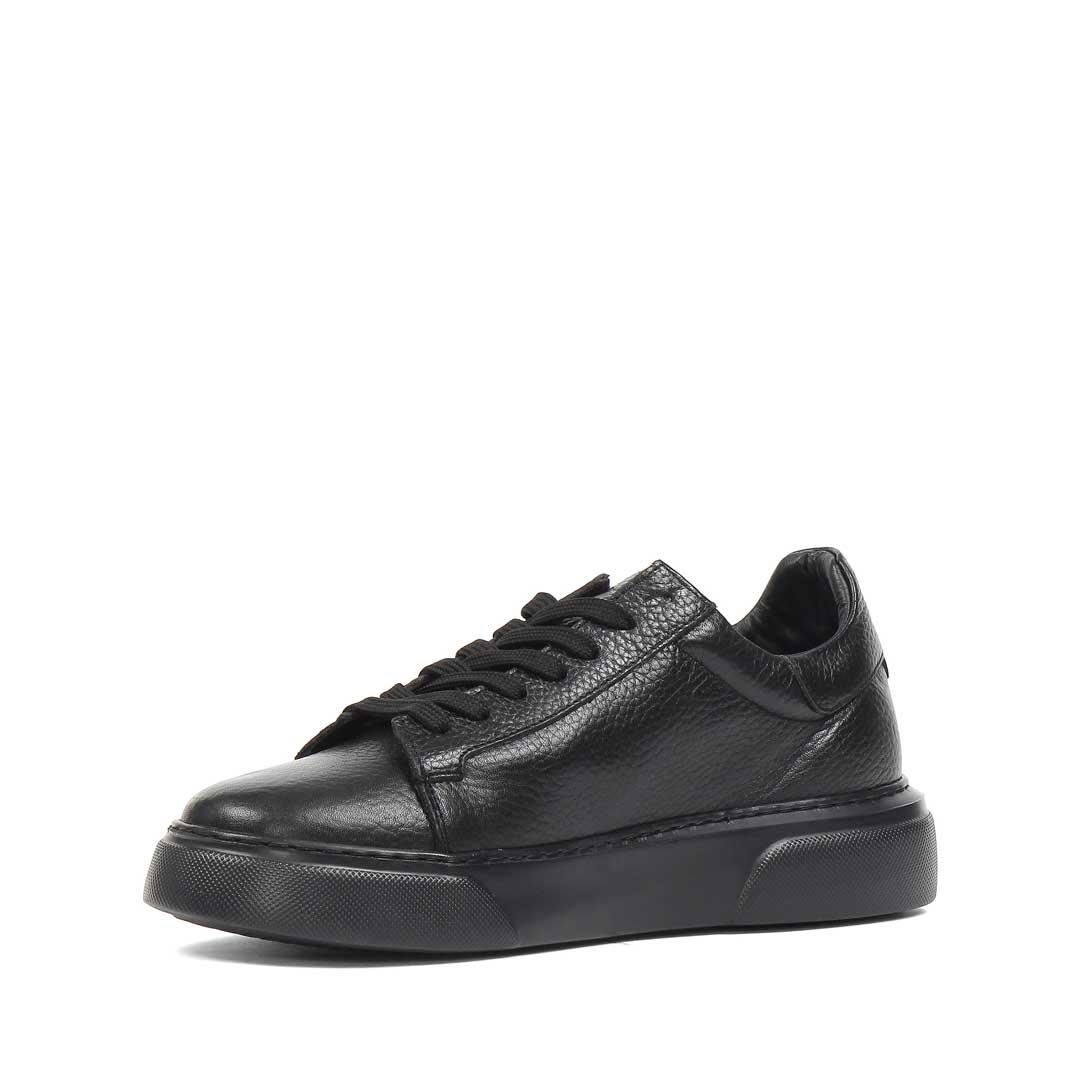 Erkek Düz Siyah Bağcıklı Kalın Tabanlı Deri Sneaker
