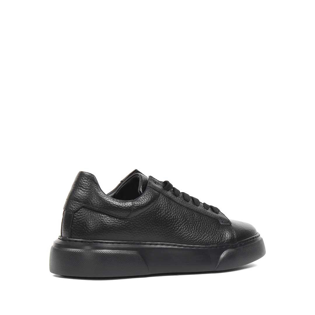 Erkek Düz Siyah Bağcıklı Kalın Tabanlı Deri Sneaker