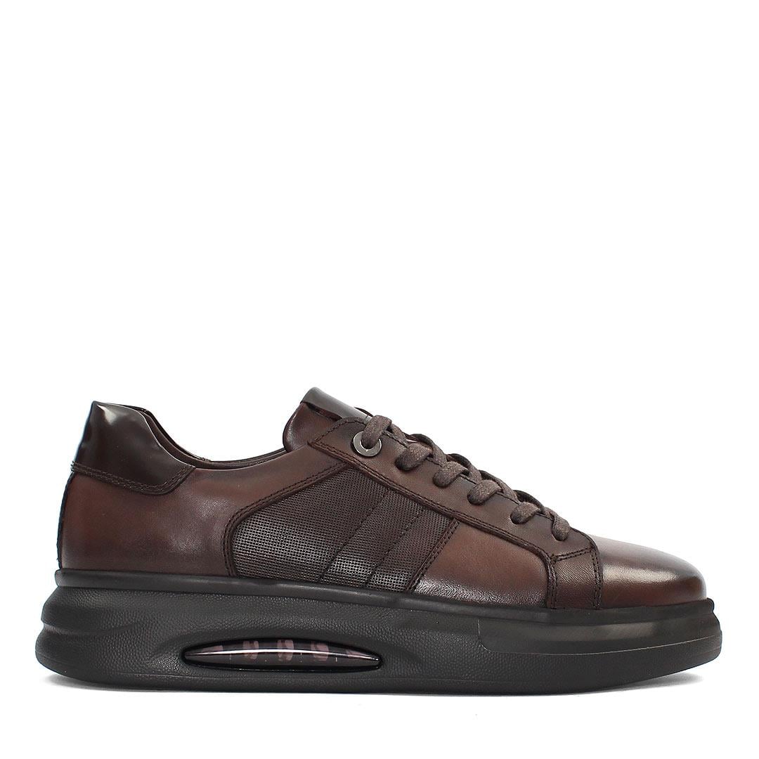 Erkek Kahverengi Bağcıklı Kalın Tabanlı Deri Sneaker