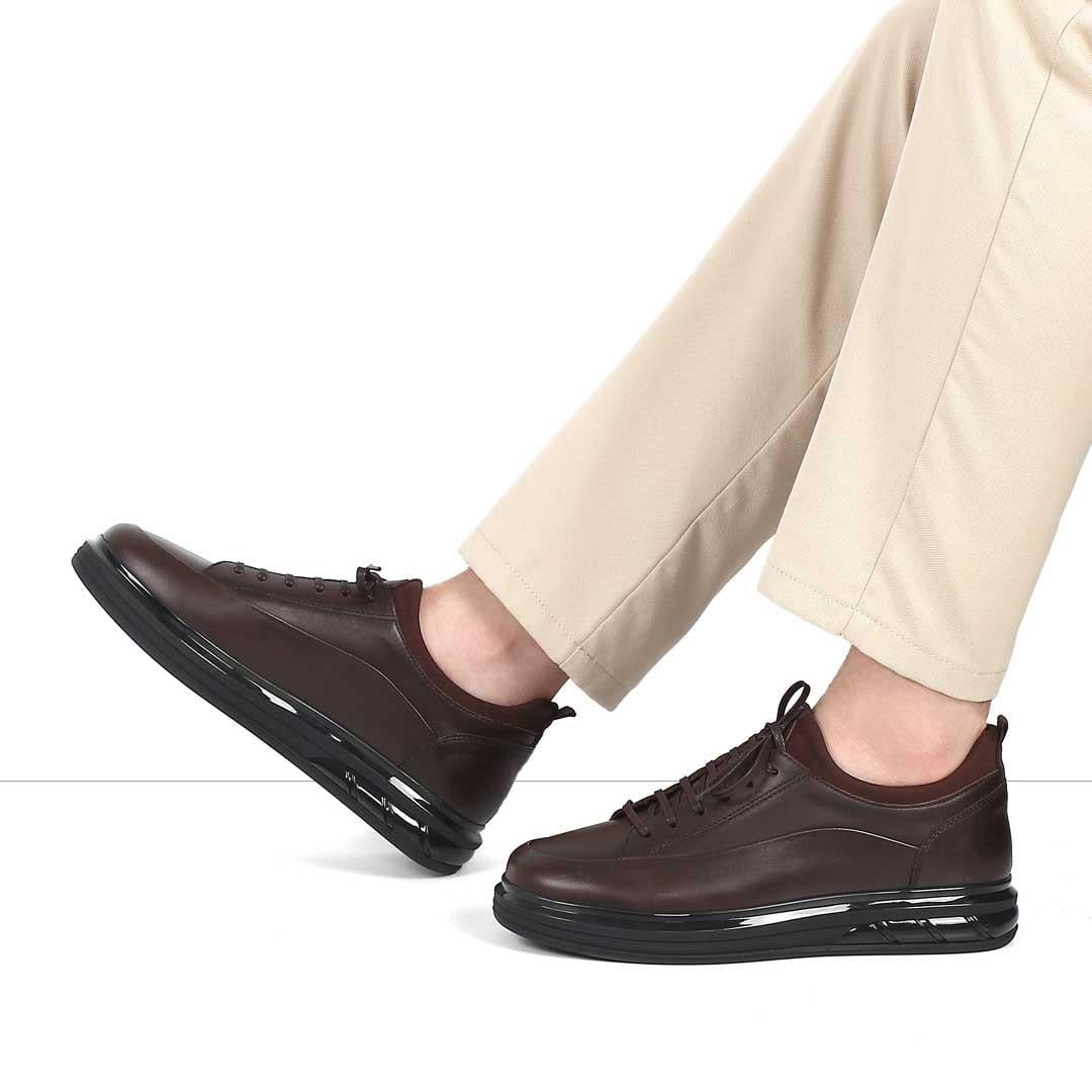 Erkek Kahverengi Bağcıklı Kalın Tabanlı Deri Sneaker