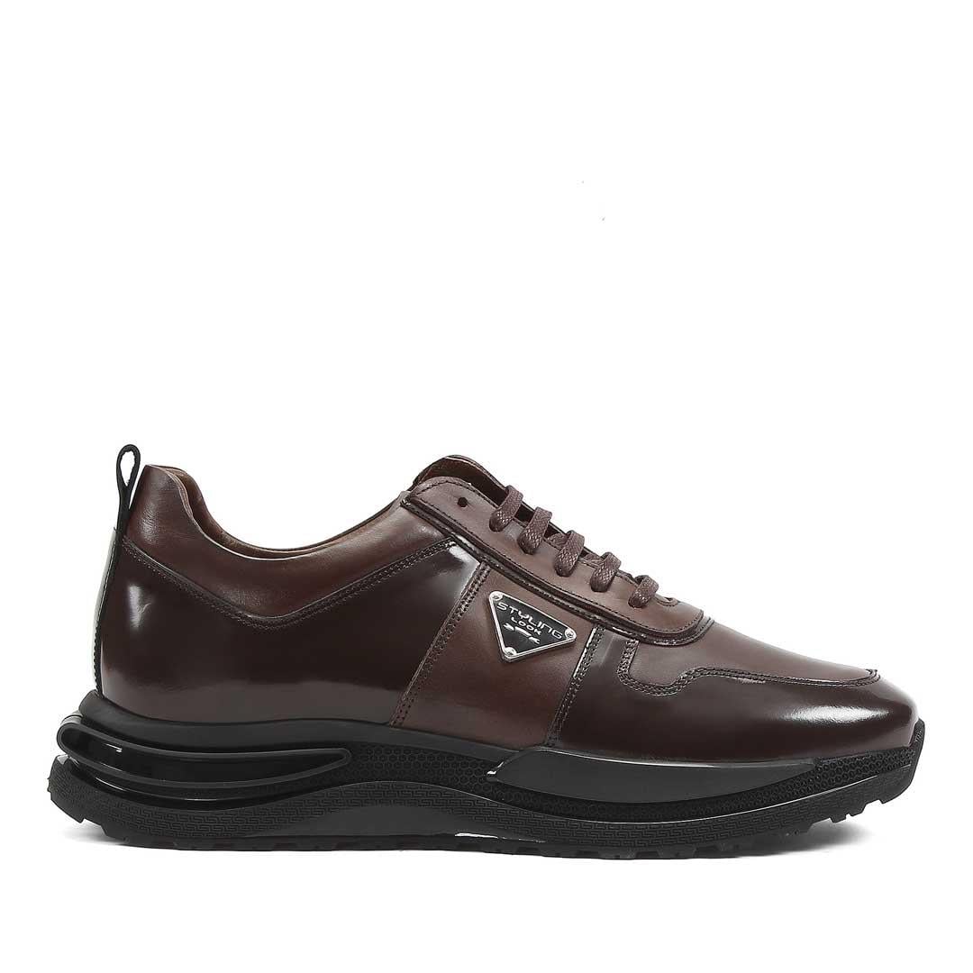 Erkek Kahverengi Bağcıklı Kalın Tabanlı Deri Sneaker