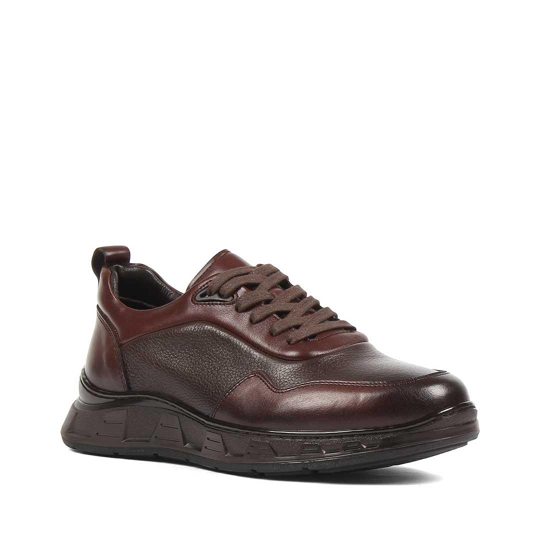 Erkek Kahverengi Bağcıklı Kalın Tabanlı Deri Sneaker