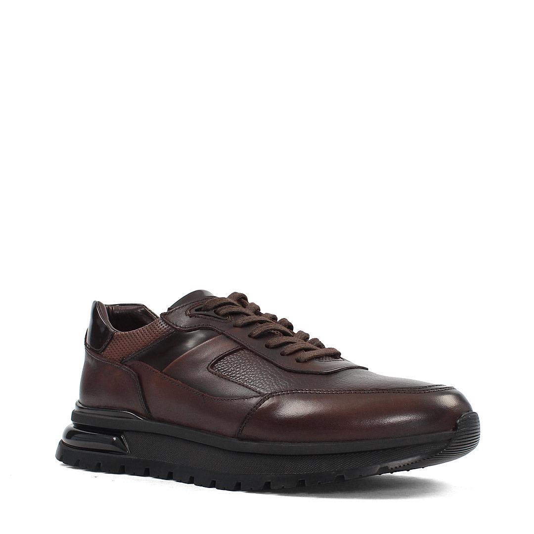 Erkek Kahverengi Bağcıklı Kalın Tabanlı Deri Sneaker