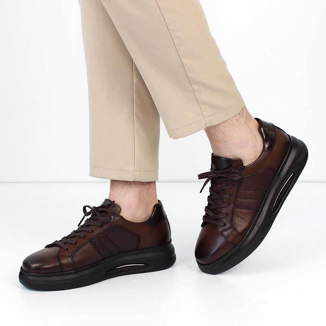 Erkek Kahverengi Bağcıklı Kalın Tabanlı Deri Sneaker