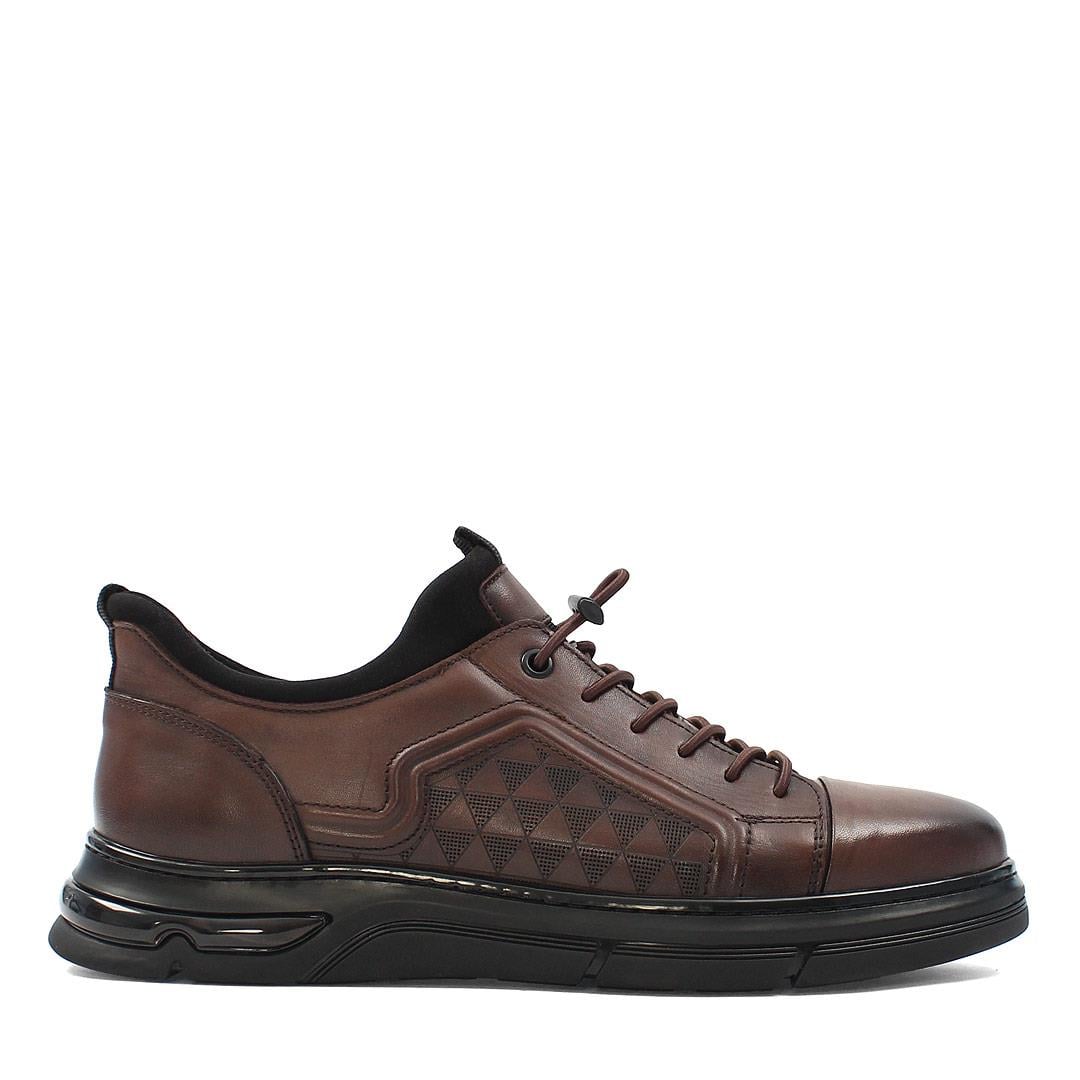 Erkek Kahverengi Bağcıklı Kalın Tabanlı Deri Sneaker